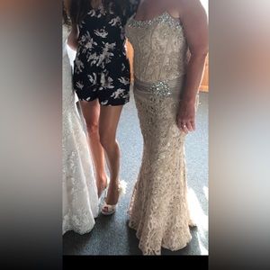 Jovani Beaded Strapless Champagne Evening Mermaid Gown